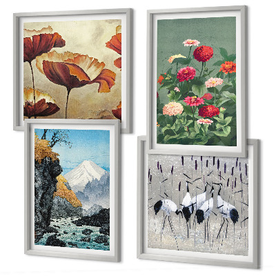 Billedsæt med ramme Bjerge vandfald fugle blomster