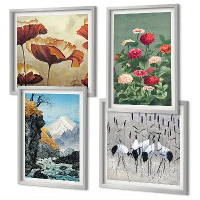 Billedsæt med ramme motiver af bjerge, vandfald, fugle og blomster