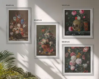 Blomster i vaser billedvæg til over sofaen