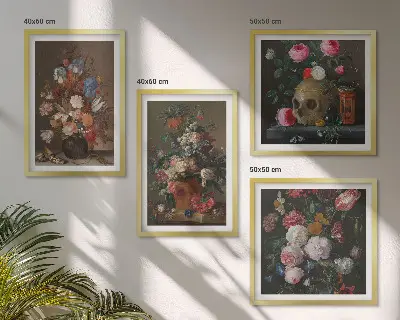 Blomster i vaser billedvæg til over sofaen