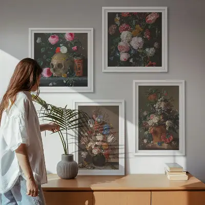 Blomster i vaser billedvæg til over sofaen