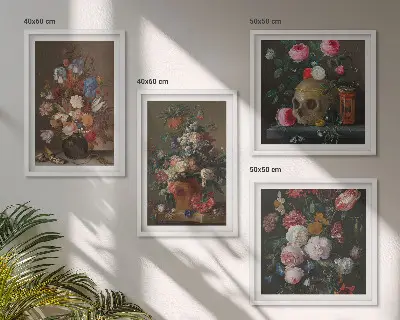 Blomster i vaser billedvæg til over sofaen
