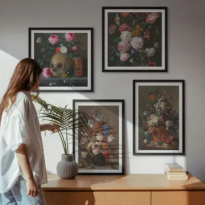 Blomster i vaser billedvæg til over sofaen