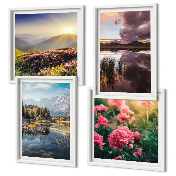 Billedsæt med ramme med motiv af blomster i bjergeng ved vand