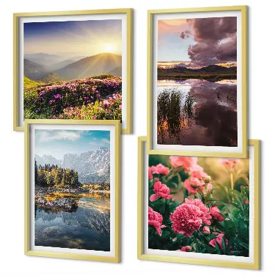 Billedsæt med ramme med motiv af blomster i bjergeng ved vand