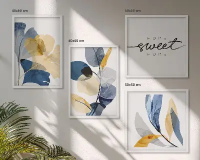 Billedvæg med akvarel plantemotiver til ophæng over sofa