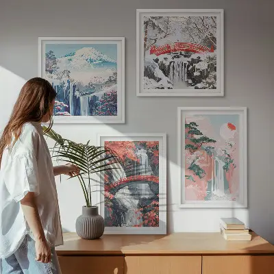 Billedvæg over sofa med motiv af vandfald, broer, træer og årstider