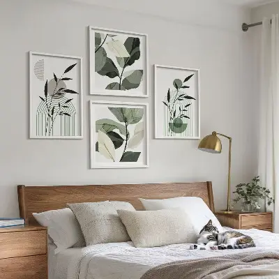 Boho plantekompositioner billedvæg til over sofaen