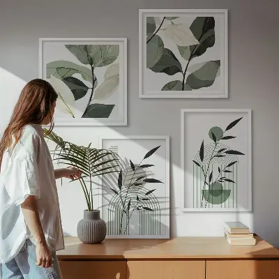 Boho plantekompositioner billedvæg til over sofaen