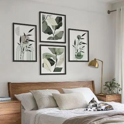 Boho plantekompositioner billedvæg til over sofaen
