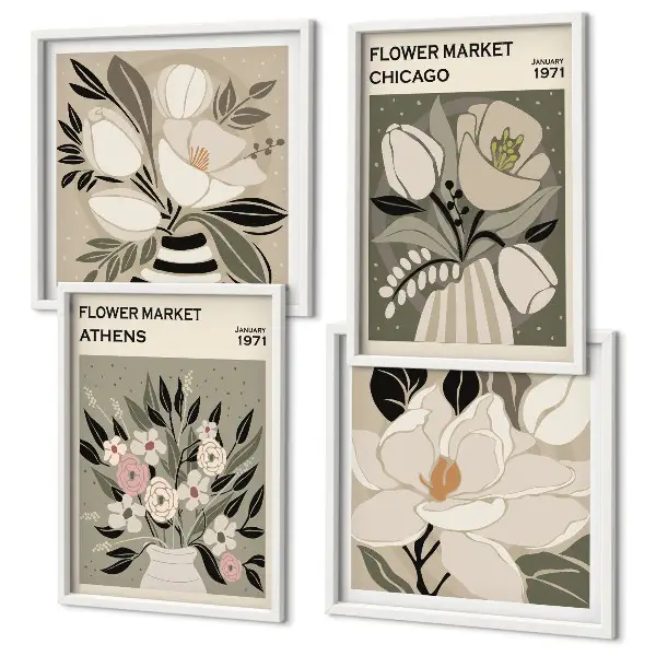 Billedvæg over sofa med retro blomsterdekorationer fra forskellige byer