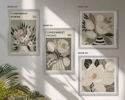 Billedvæg over sofa med retro blomsterdekorationer fra forskellige byer