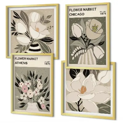 Billedvæg over sofa med retro blomsterdekorationer fra forskellige byer