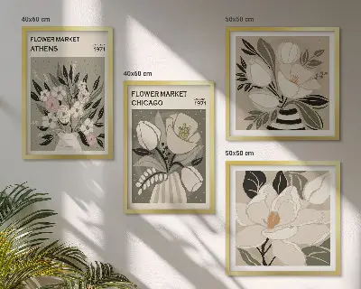 Billedvæg over sofa med retro blomsterdekorationer fra forskellige byer
