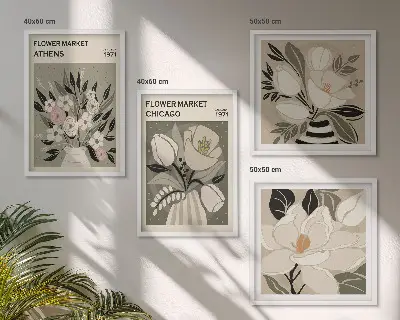 Billedvæg over sofa med retro blomsterdekorationer fra forskellige byer