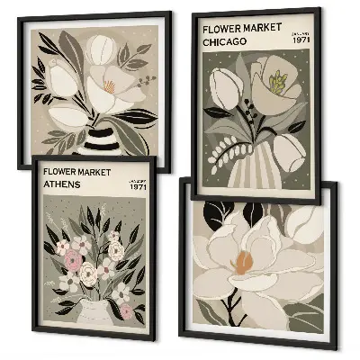 Billedvæg over sofa med retro blomsterdekorationer fra forskellige byer