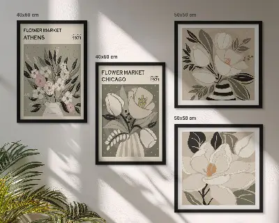 Billedvæg over sofa med retro blomsterdekorationer fra forskellige byer