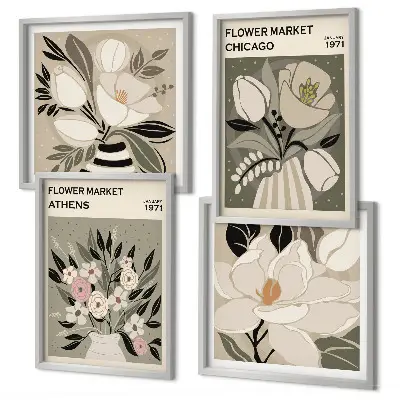 Billedvæg over sofa med retro blomsterdekorationer fra forskellige byer