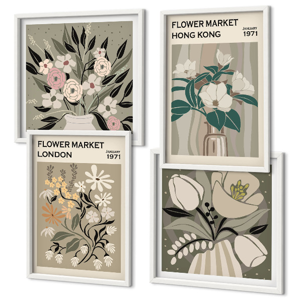 Billedsæt med ramme Blomsterillustrationer London Hong Kong