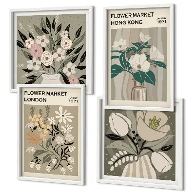 Blomsterillustrationer London Hong Kong billedsæt med ramme