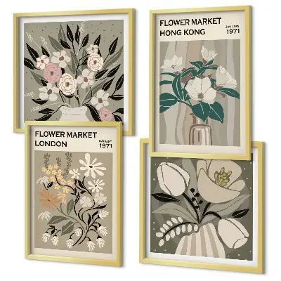 Blomsterillustrationer London Hong Kong billedsæt med ramme