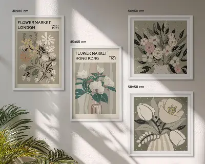Blomsterillustrationer London Hong Kong billedsæt med ramme