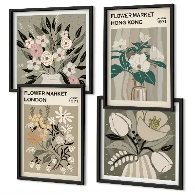 Blomsterillustrationer London Hong Kong billedsæt med ramme