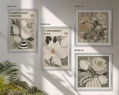 Billedvæg over sofa med retro blomstermotiv i Kingston Seoul-stil