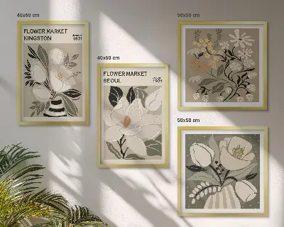 Billedvæg over sofa med retro blomstermotiv i Kingston Seoul-stil