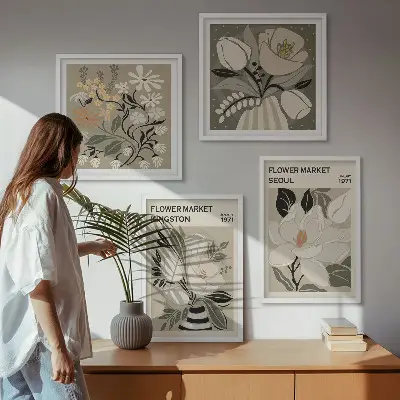 Billedvæg over sofa med retro blomstermotiv i Kingston Seoul-stil
