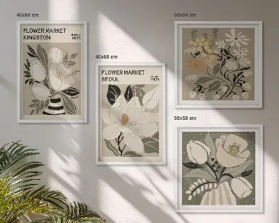Billedvæg over sofa med retro blomstermotiv i Kingston Seoul-stil