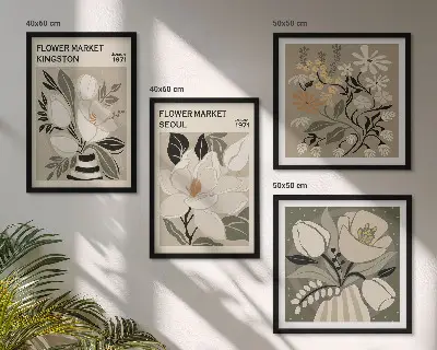 Billedvæg over sofa med retro blomstermotiv i Kingston Seoul-stil