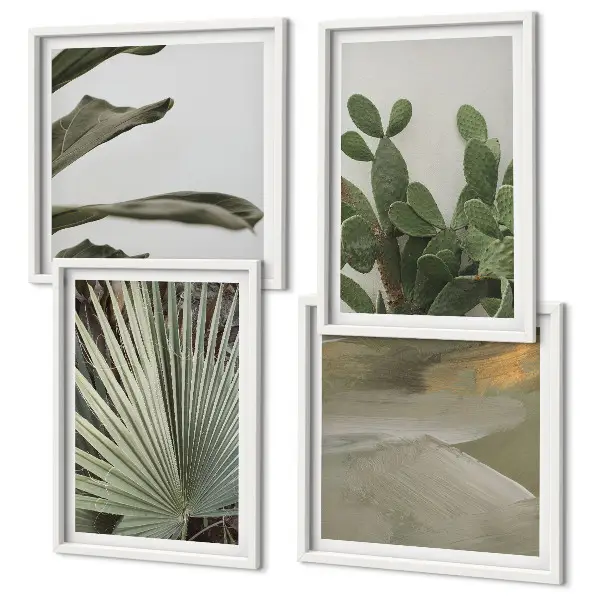 Billedvæg over sofa med blade af tropiske planter i pastel