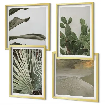 Billedvæg over sofa med blade af tropiske planter i pastel