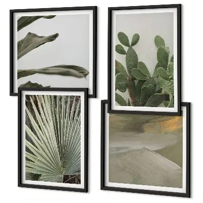 Billedvæg over sofa med blade af tropiske planter i pastel