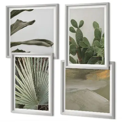 Billedvæg over sofa med blade af tropiske planter i pastel