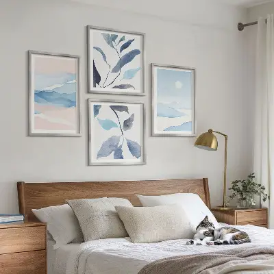 Akvarelplakat med bjerglandskab og planter billedsæt med ramme