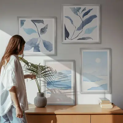 Akvarelplakat med bjerglandskab og planter billedsæt med ramme