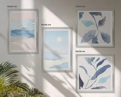 Akvarelplakat med bjerglandskab og planter billedsæt med ramme