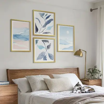 Akvarelplakat med bjerglandskab og planter billedsæt med ramme