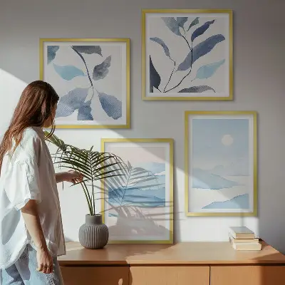 Akvarelplakat med bjerglandskab og planter billedsæt med ramme