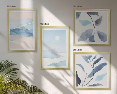Akvarelplakat med bjerglandskab og planter billedsæt med ramme