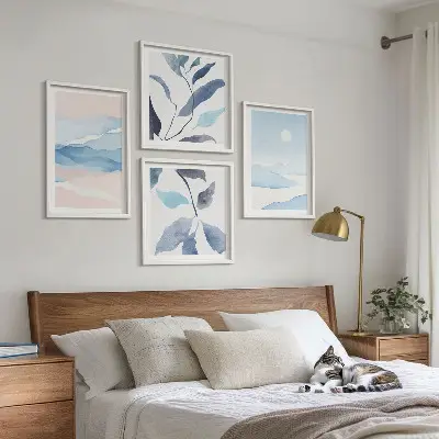 Akvarelplakat med bjerglandskab og planter billedsæt med ramme