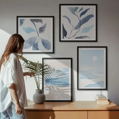 Akvarelplakat med bjerglandskab og planter billedsæt med ramme