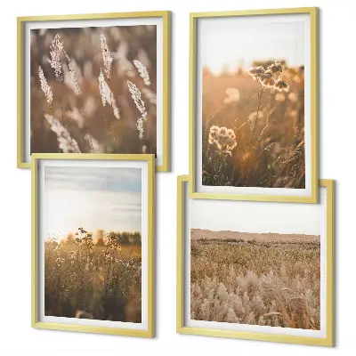 Billedvæg med sommerenge motiver af blomster i solnedgang over sofa