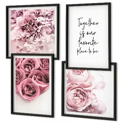 Billedvæg over sofa med motiv af blomsterbuketter af roser og hjem-indskrift