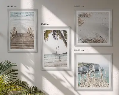 Billedvæg til sofa med motiv af strandtrappe og gyngehavn