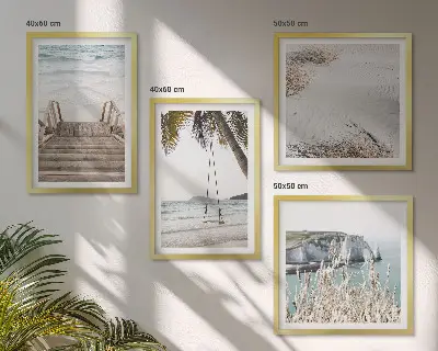 Billedvæg til sofa med motiv af strandtrappe og gyngehavn