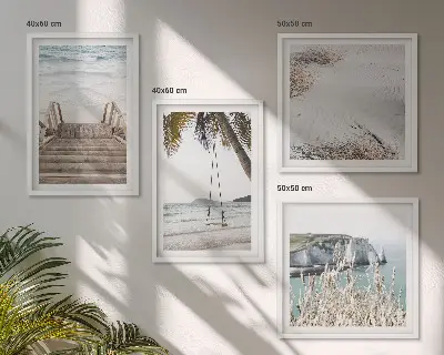 Billedvæg til sofa med motiv af strandtrappe og gyngehavn
