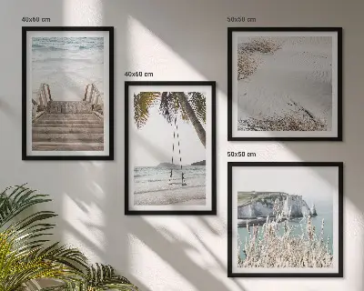 Billedvæg til sofa med motiv af strandtrappe og gyngehavn